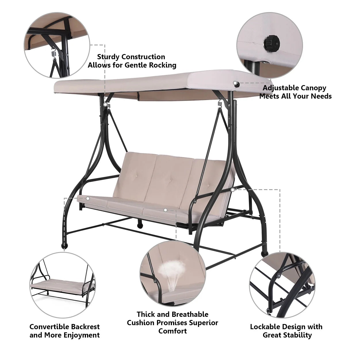 Converting Outdoor Swing Canopy Hammock 3 Seats Beige X129