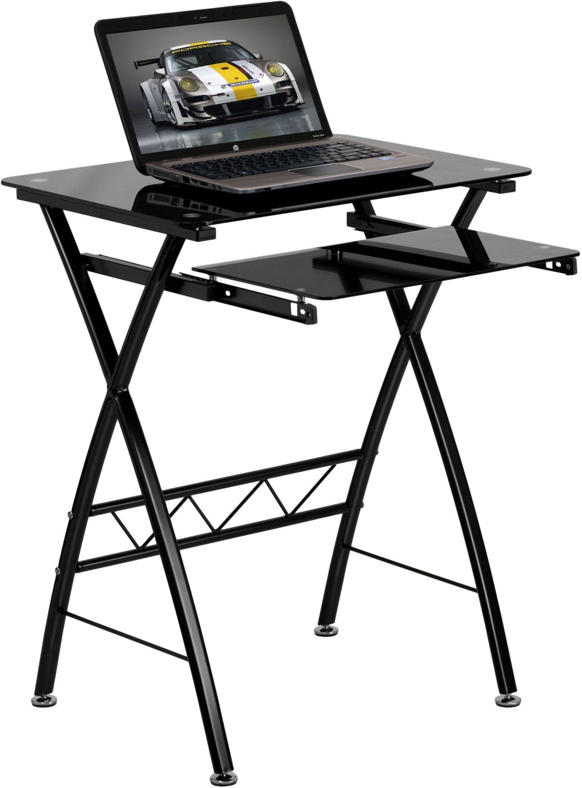 Black Tempered Glass Computer Desk with Keyboard O316686