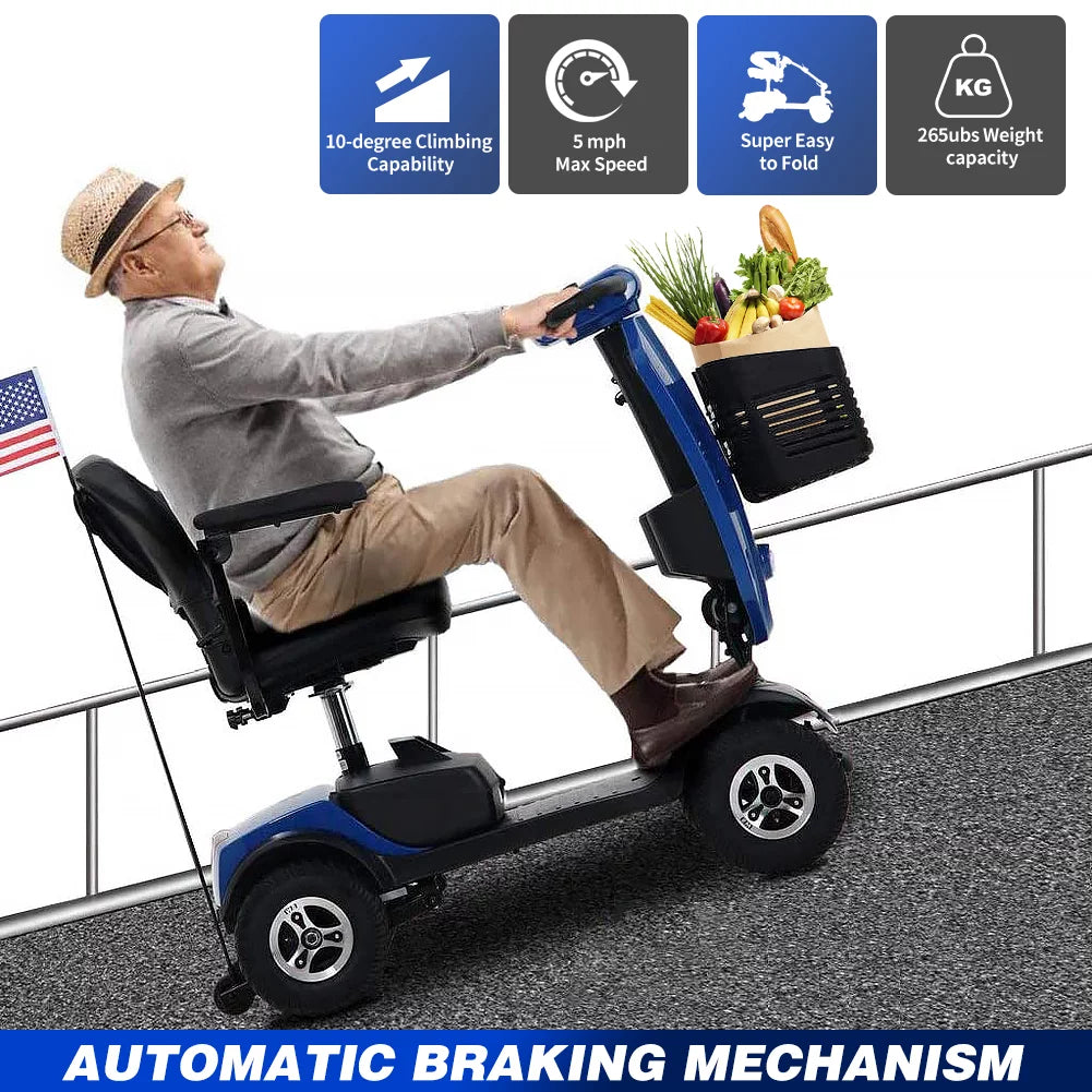 Blue 4 Wheels Folding Mobility Scooter with USB Charging Port V7625