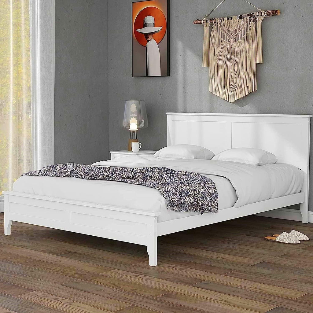 White Queen Size Platform Bed with Headboard D54255
