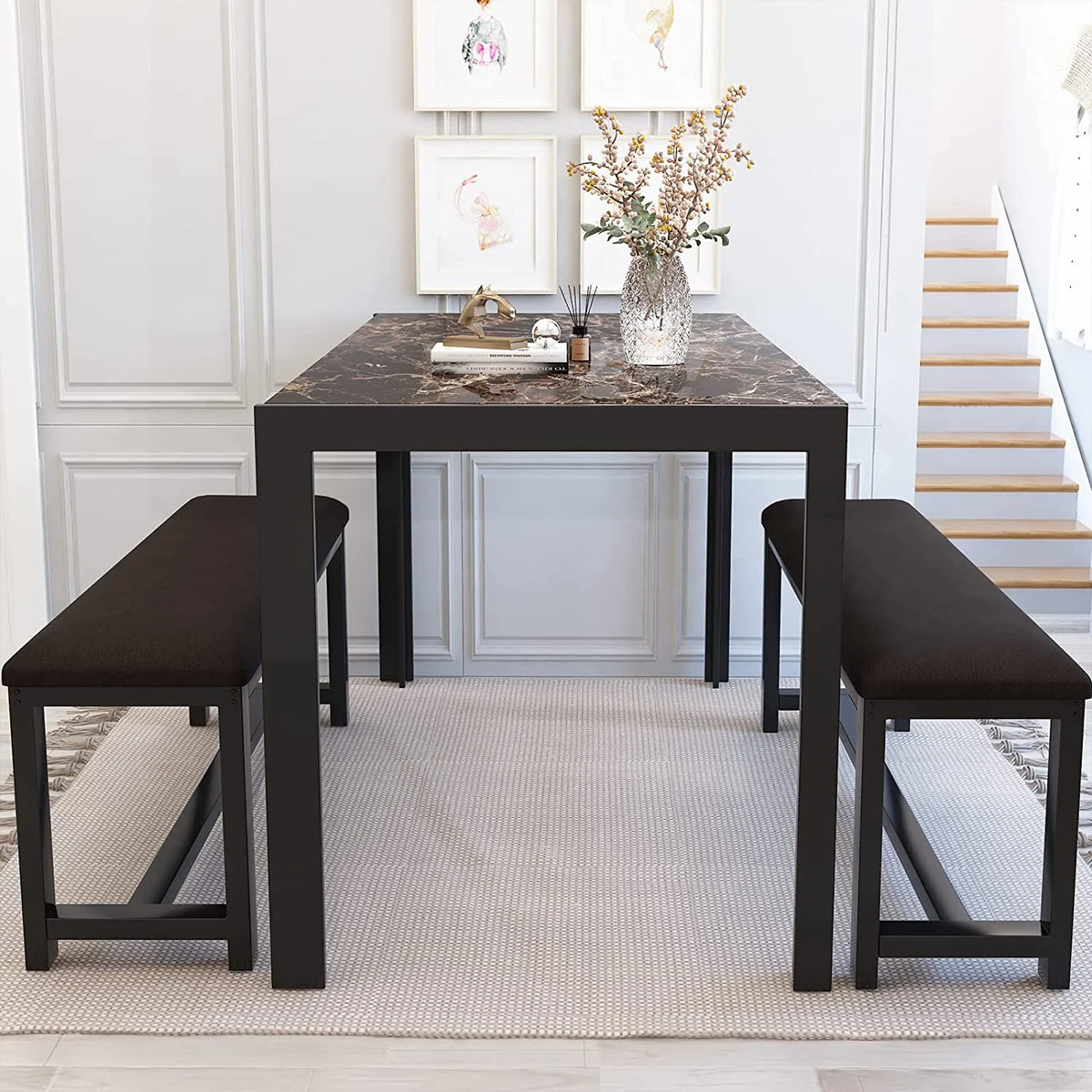 Faux Marble Dining Table and 2 PU Leather Upholstered Bench Z94348