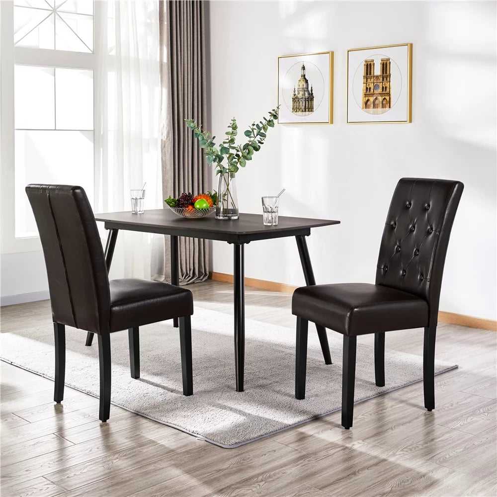 2pcs Tufted Padded Faux Leather Dining Chair with Solid Wood Legs, Brown J96946