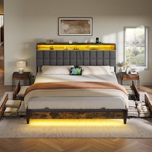 Queen Size Upholstered Platform Bed Frame with 4 Drawers and Storage Headboard G206875