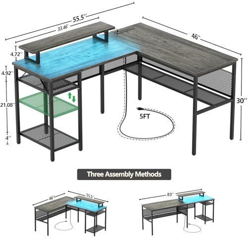 Black Oak L Shaped Computer Desk with Power Outlets and LED Light A704325