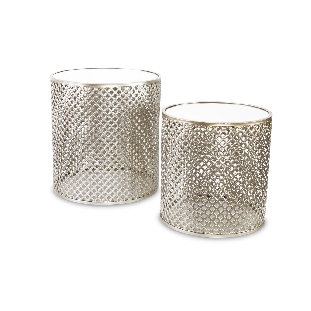 Set of 2 Gold Tone Metal Nesting Tables with Round Top Mirrors B490992
