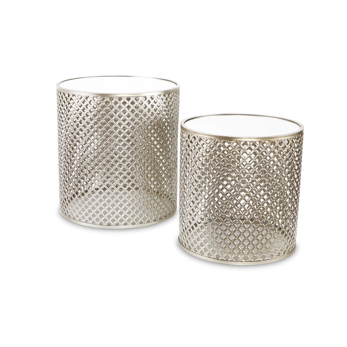 Set of 2 Gold Tone Metal Nesting Tables with Round Top Mirrors B490992