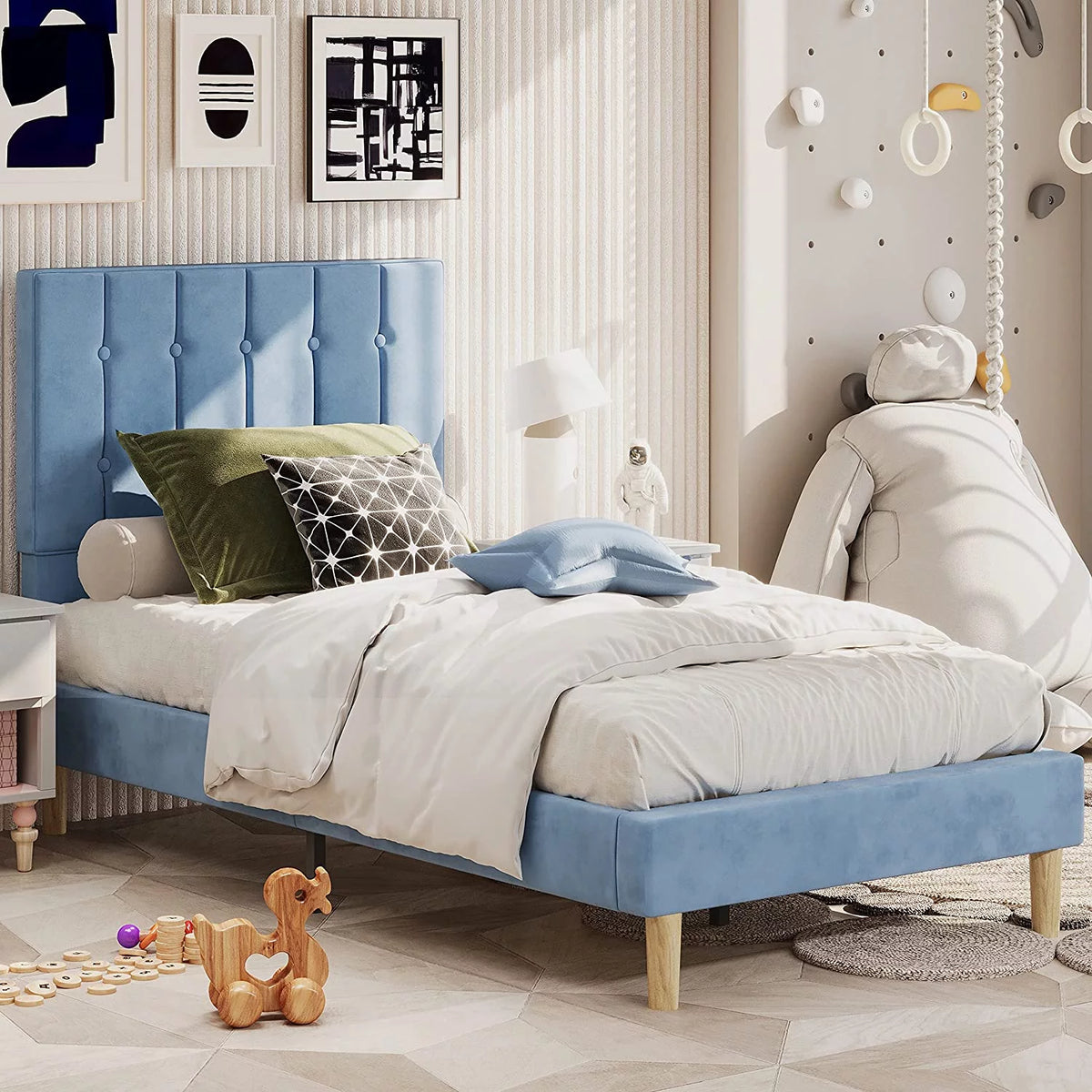 Light Blue Velvet Upholstered Twin Platform Bed Frame T605085