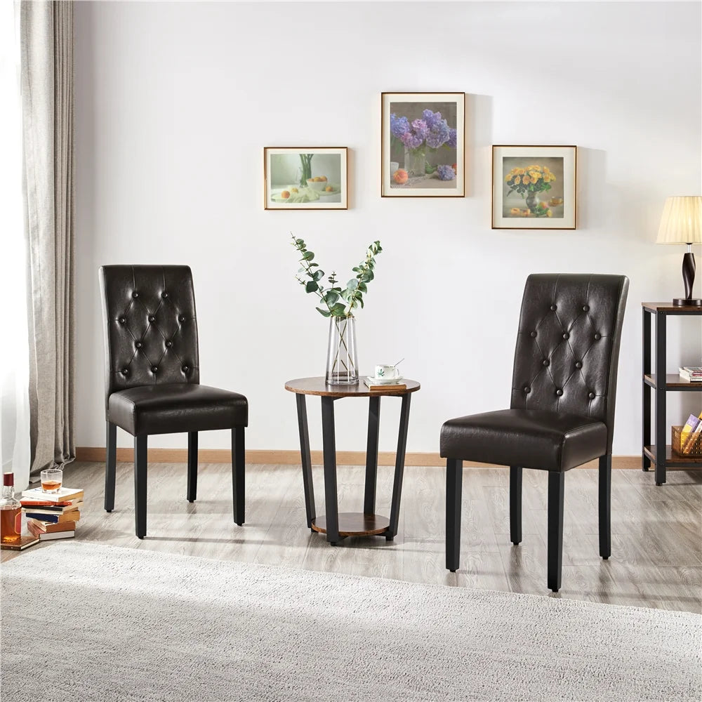 2pcs Tufted Padded Faux Leather Dining Chair with Solid Wood Legs, Brown J96946
