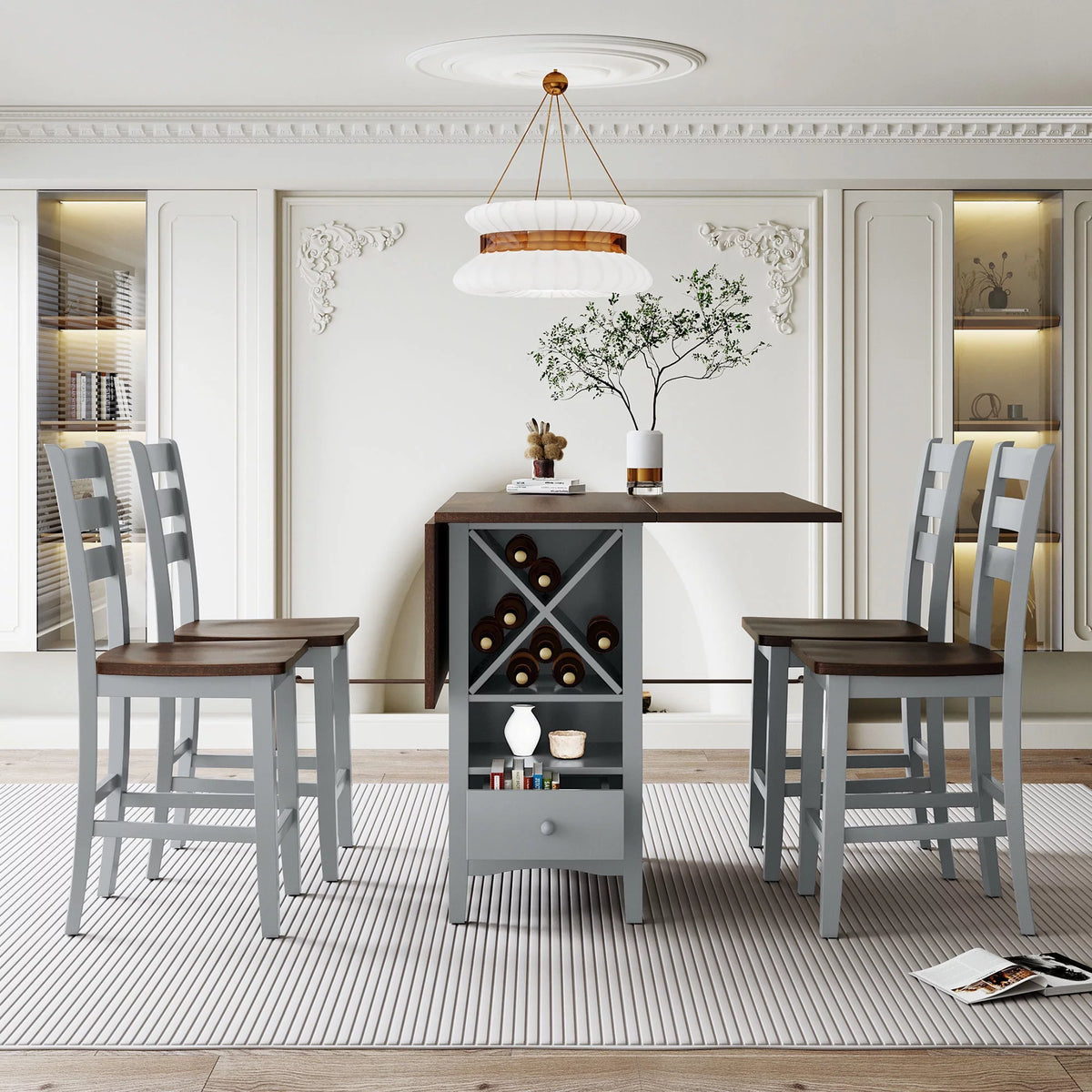 Farmhouse Wood 5-Piece Counter Height Dining Table Set with Drop Leaf F88777