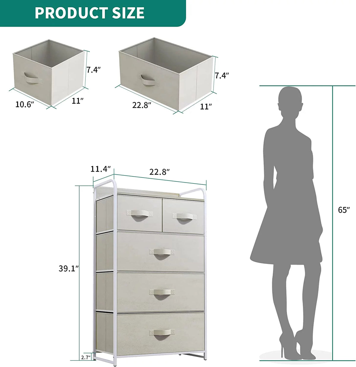 Cream White 5 Drawer Fabric Dresser F4579