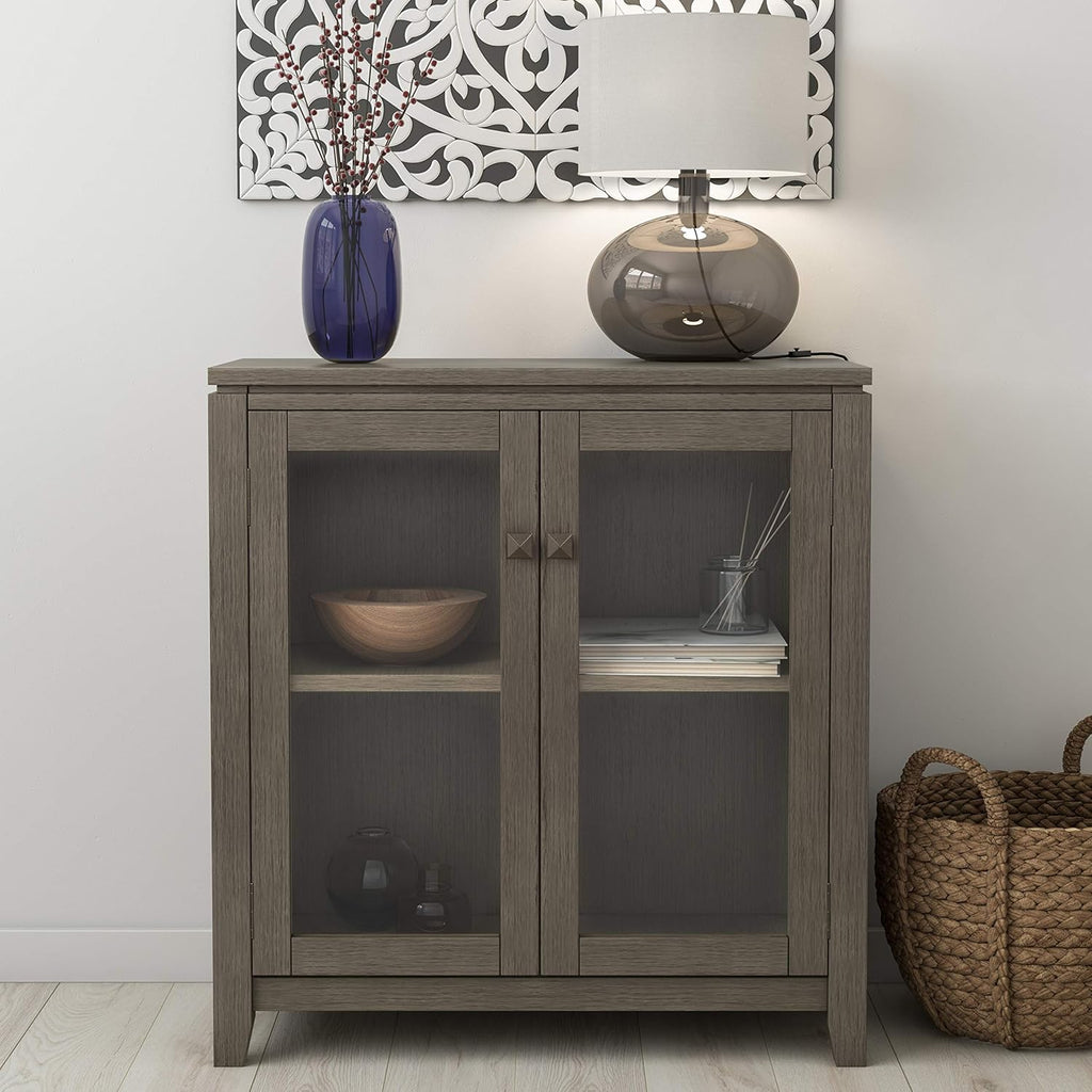 Farmhouse Brown 30 inch Wide Low Storage Cabinet with 2 Tempered Glass Doors R676