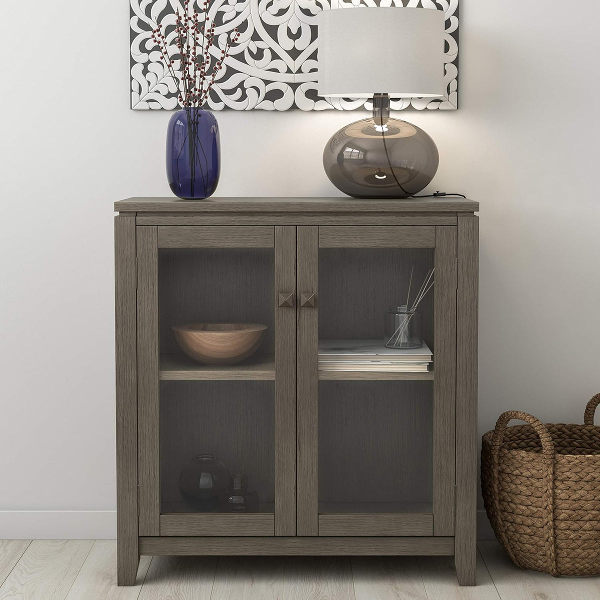 Farmhouse Brown 30 inch Wide Low Storage Cabinet with 2 Tempered Glass Doors R676