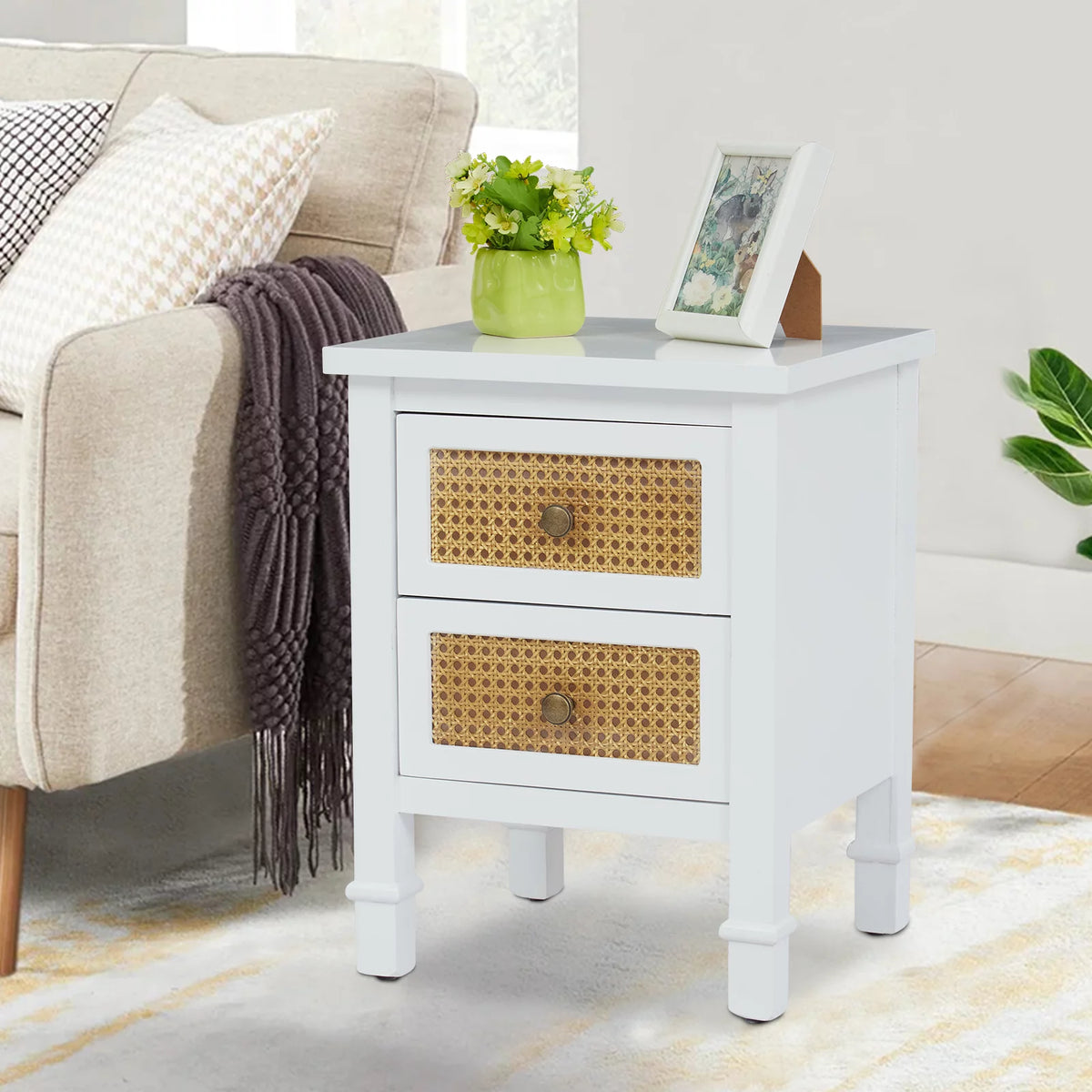 White 2 Drawer Rattan Nightstand B778