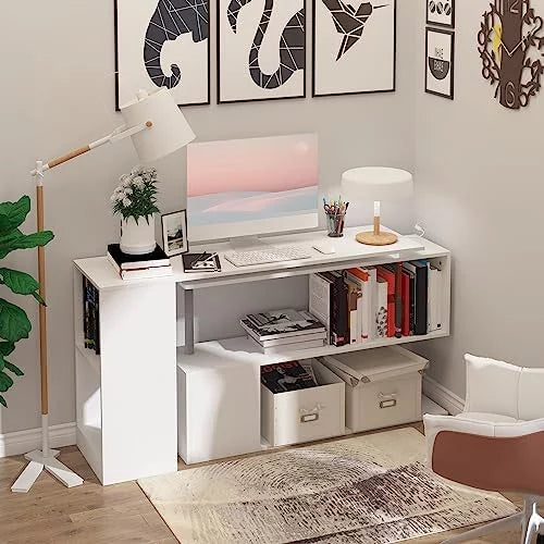 55" White L-Shaped Corner Computer Desk with Storage Shelves R910372