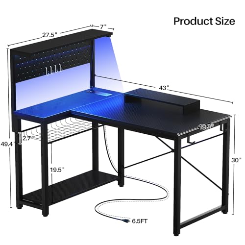 43 Inch L Shaped Computer Desk with Power Outlets U75320