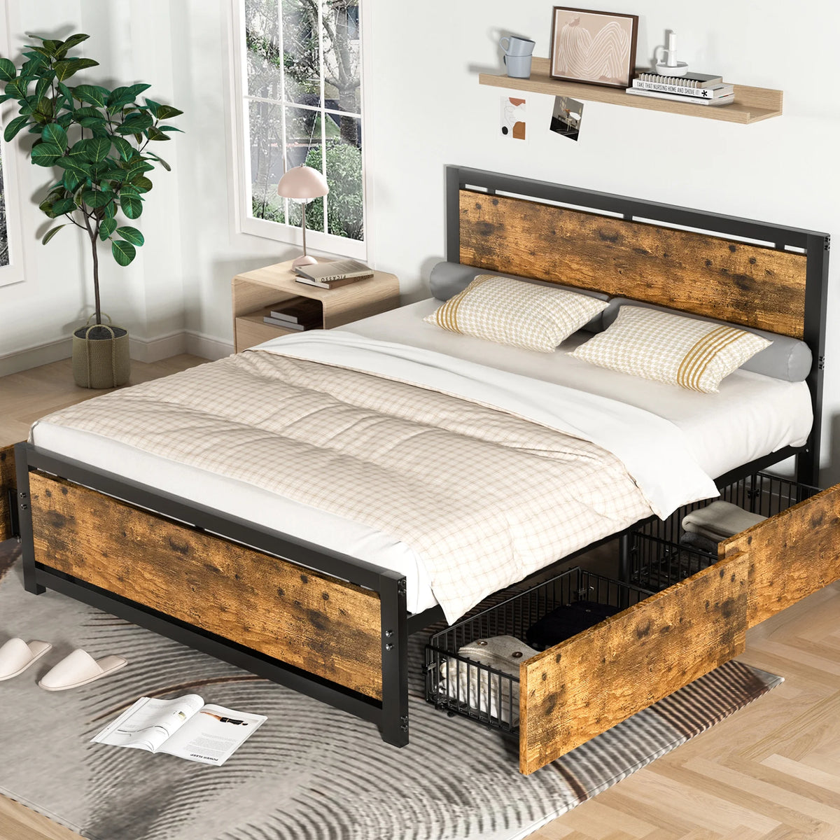 Queen Size Platform Bed Frame with 4 Drawers D8583