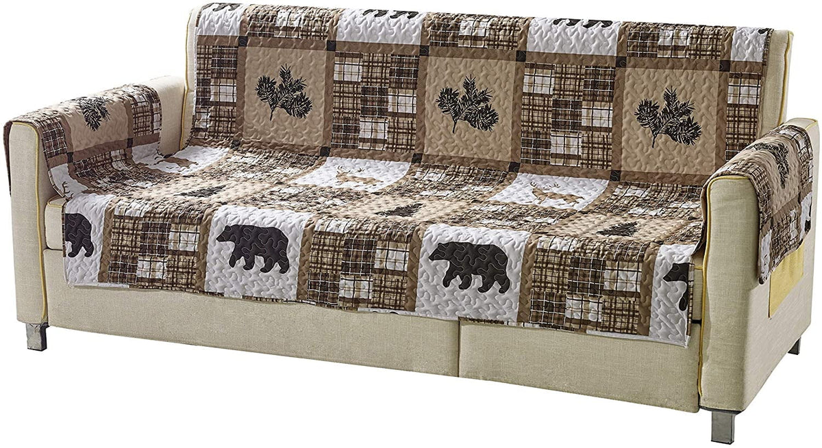 Quilted Sofa Slipcover with Plaid Wildlife Pattern O509