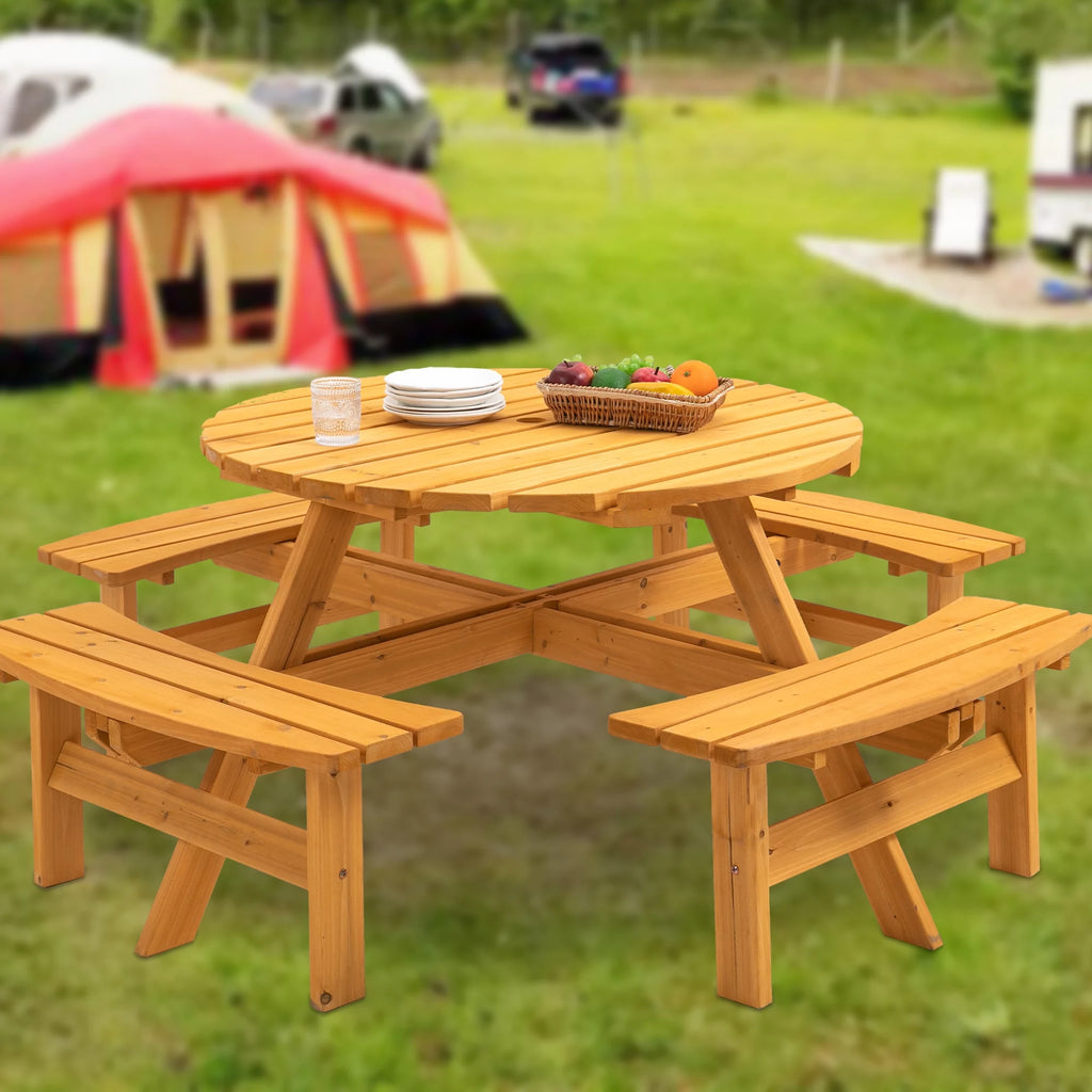 8-Person Wooden Picnic Table with 4 Built-in Benches Z36038