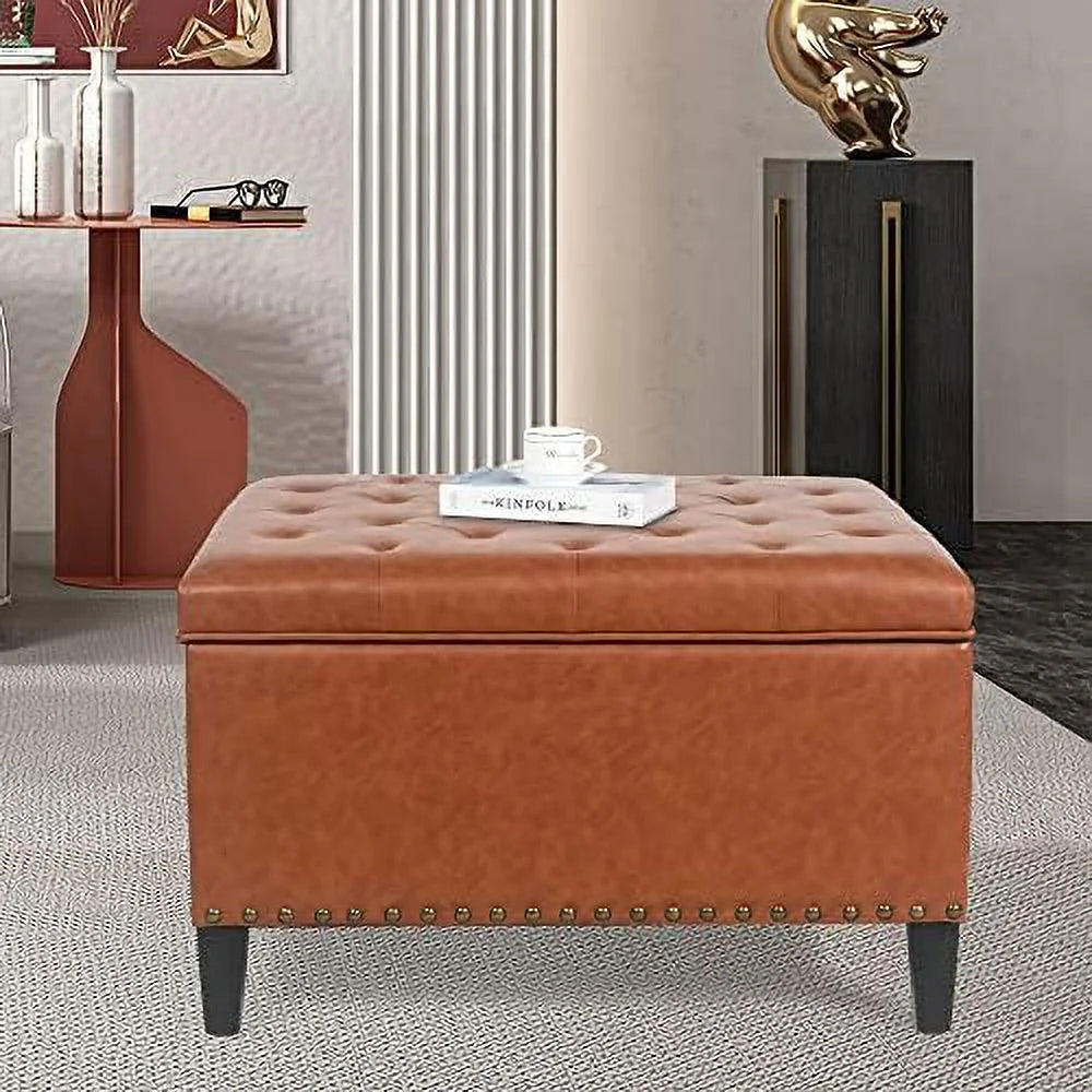Orange Upholstered Tufted Ottoman Bench with Wood Legs P6068