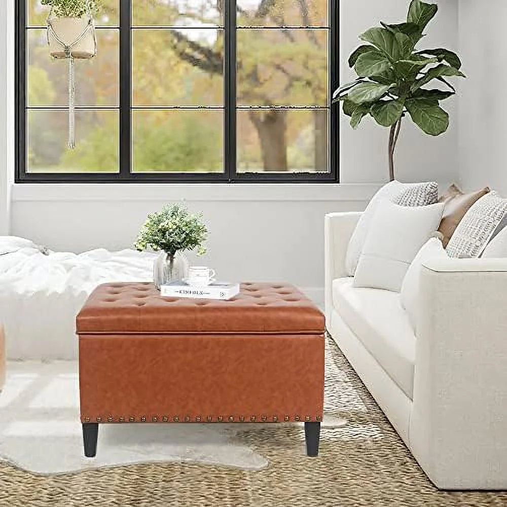 Orange Upholstered Tufted Ottoman Bench with Wood Legs P6068