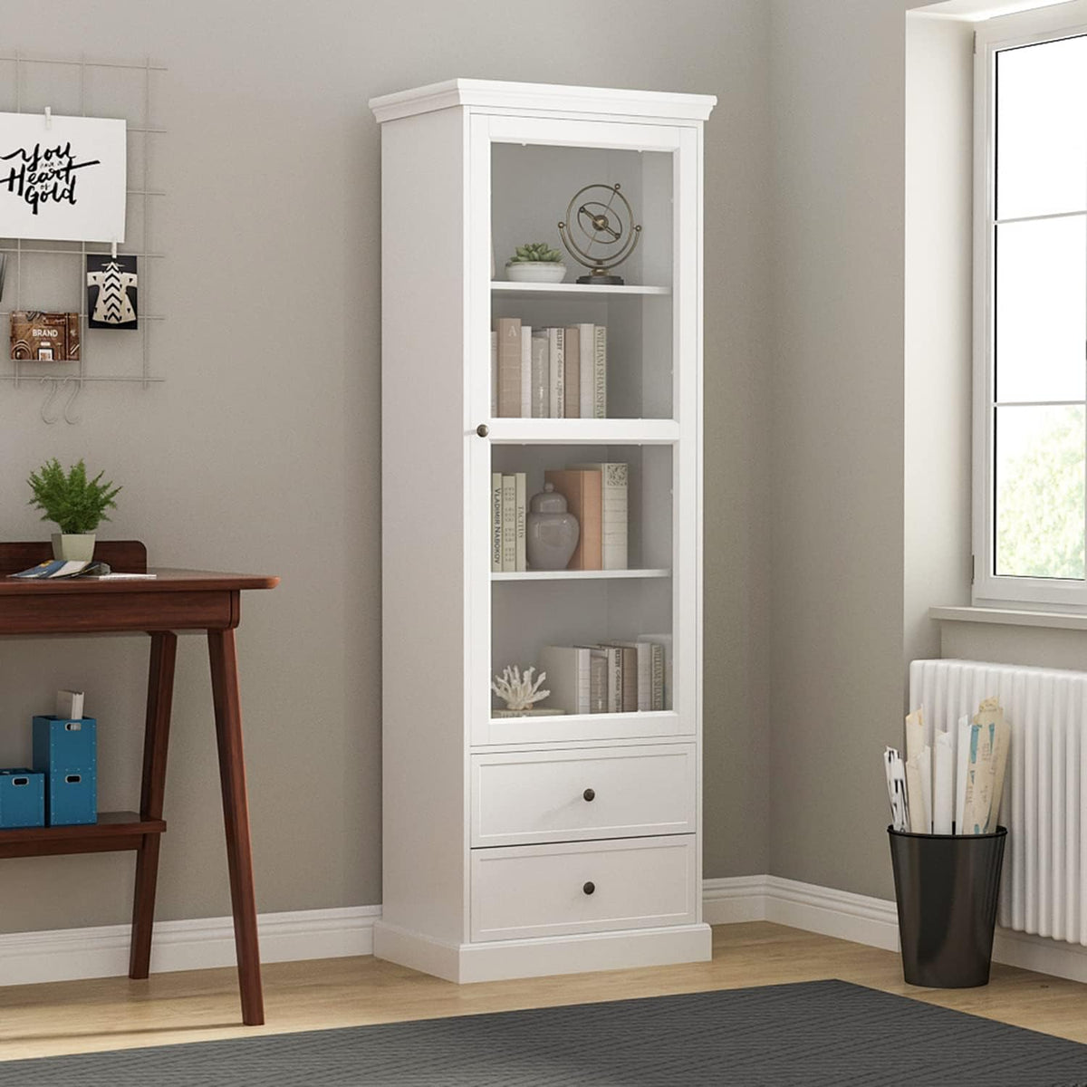 3-Tier Tall Wooden Bookcase Storage Cabinet with Glass Door & 2 Drawers F52063