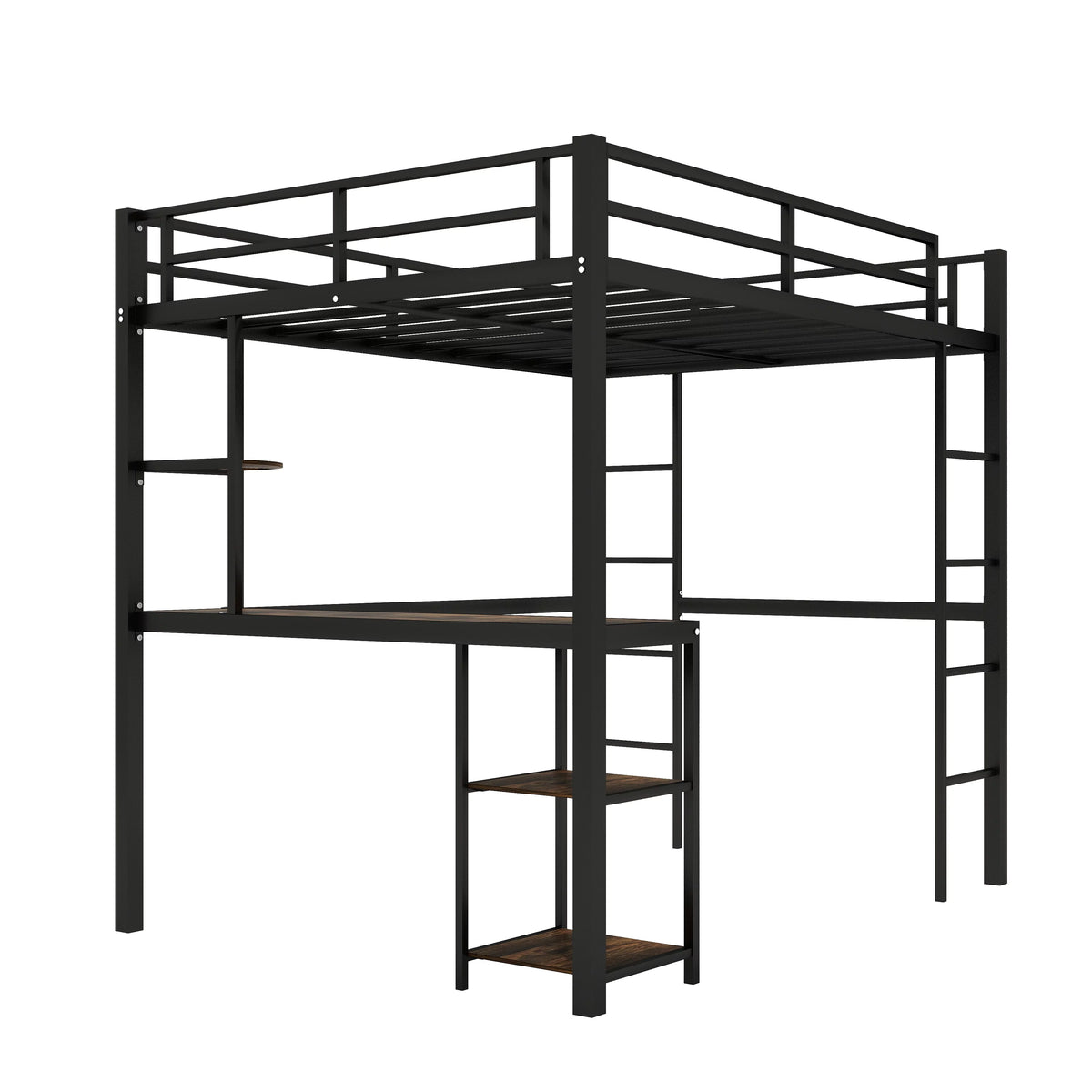 Full Size Black Metal Loft Bed with Desk and Shelves A60366