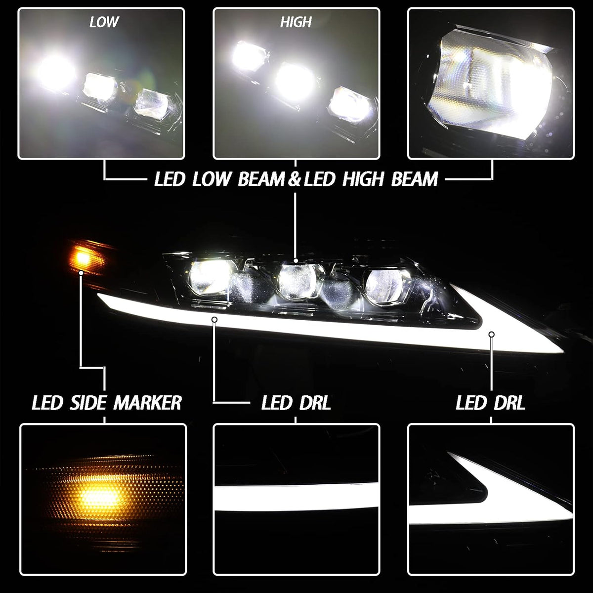 Headlights Assembly with Sequential Turn Signal Black Bezel Left+Right Pair Y5094