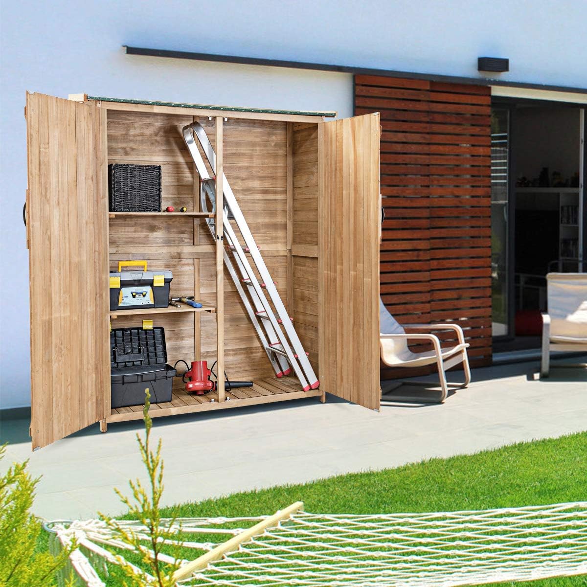 Outdoor Wooden Storage Cabinet with Double Lockable Doors L4374