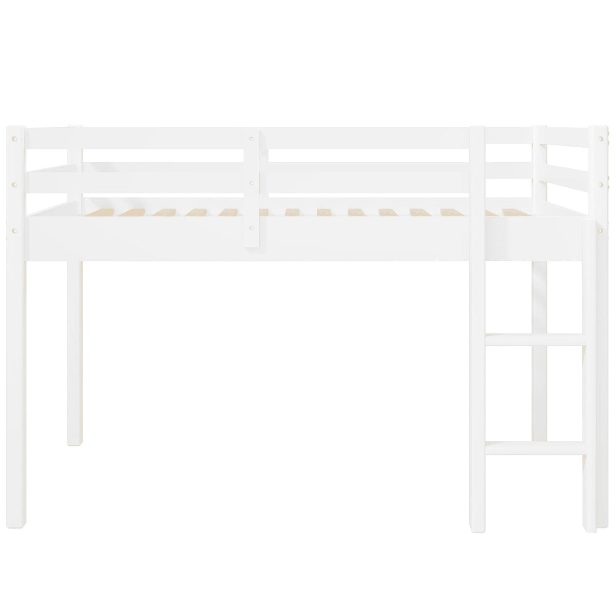 White Twin Size Solid Wood Loft Bed with 14 Wooden Slats I34135