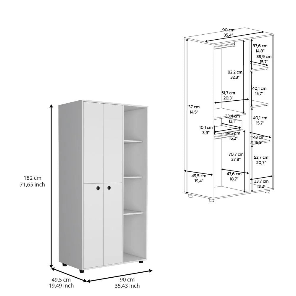White 2-Door Armoire with Drawer and 4 Open Shelves A72395