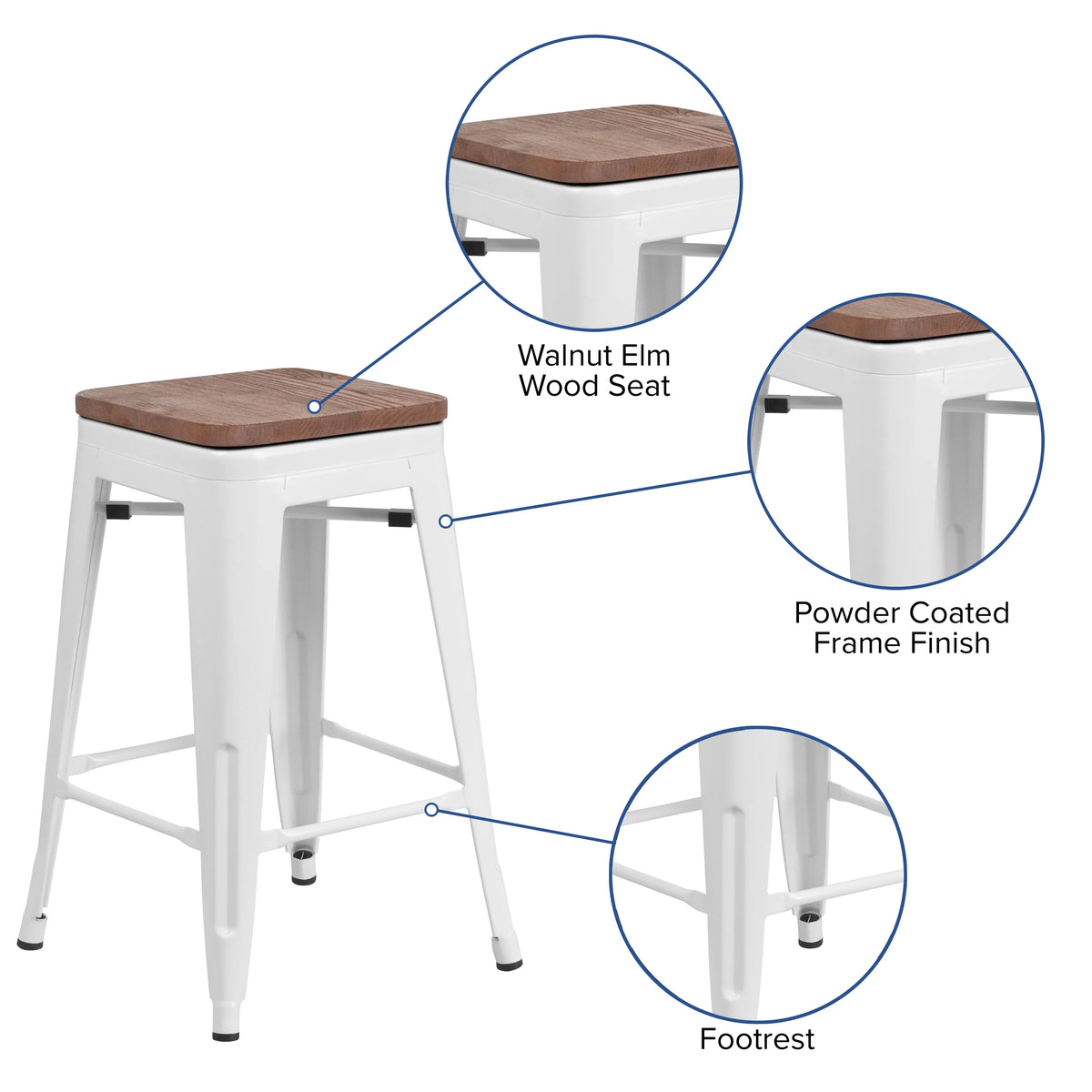 White Metal Counter Height Dining Stool with Wooden Seat K76150