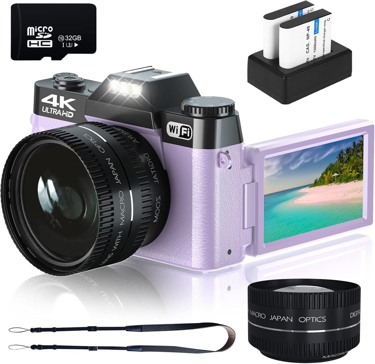 4K Digital Camera with WiFi, Flip Screen, Wide Angle Lens, 16X Zoom, 32GB SD Card, Blue V583713