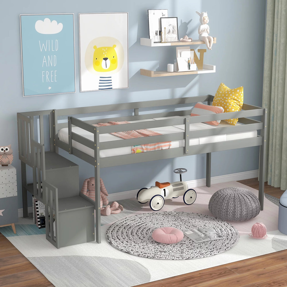 Gray Wood Low Loft Bed Frame with Storage and Stairs U876382