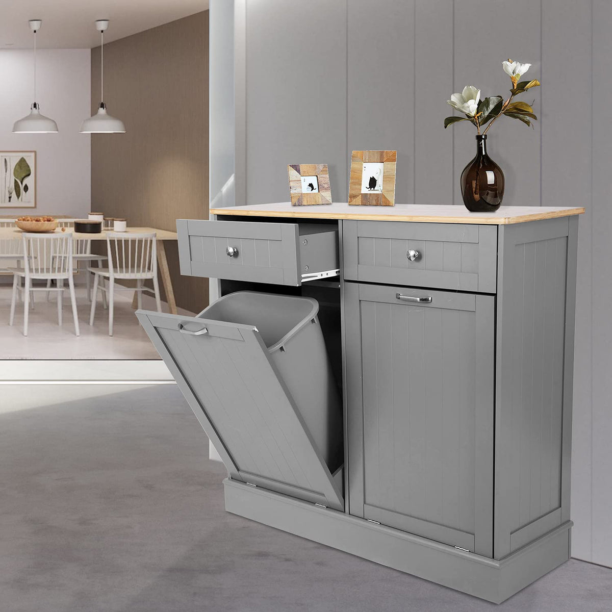 Double Tilt Out Kitchen Trash Cabinet with Two Wood Drawers S3951