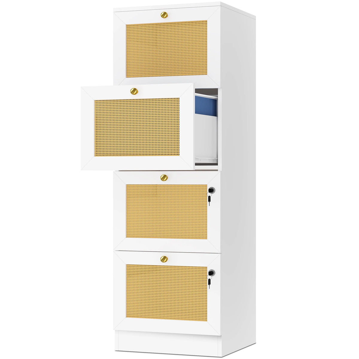 4 Drawer White Wood File Cabinet with Lock J9499