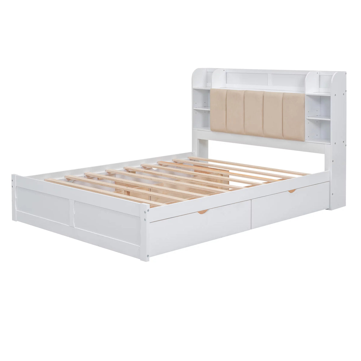 White Wood Queen Size Platform Bed with Storage Headboard and Four Drawers O70430
