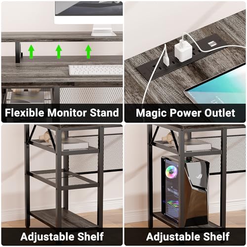 Black Oak L Shaped Computer Desk with Power Outlets and LED Light A704325