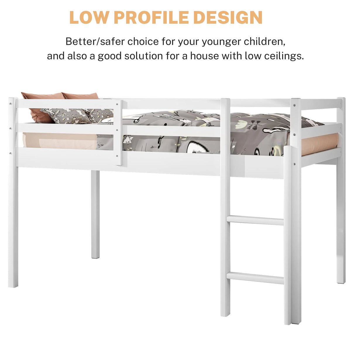White Twin Size Solid Wood Loft Bed with 14 Wooden Slats I34135