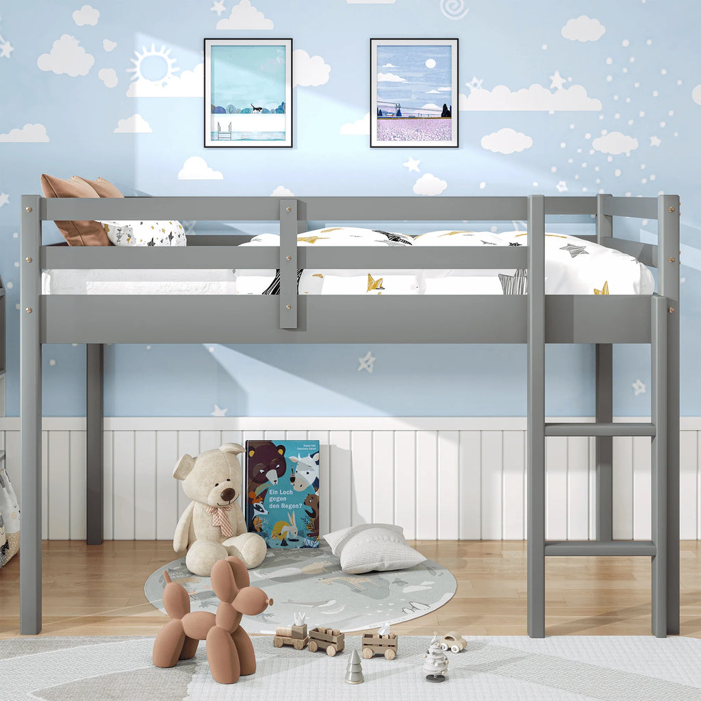 White Twin Size Solid Wood Loft Bed with 14 Wooden Slats I34135