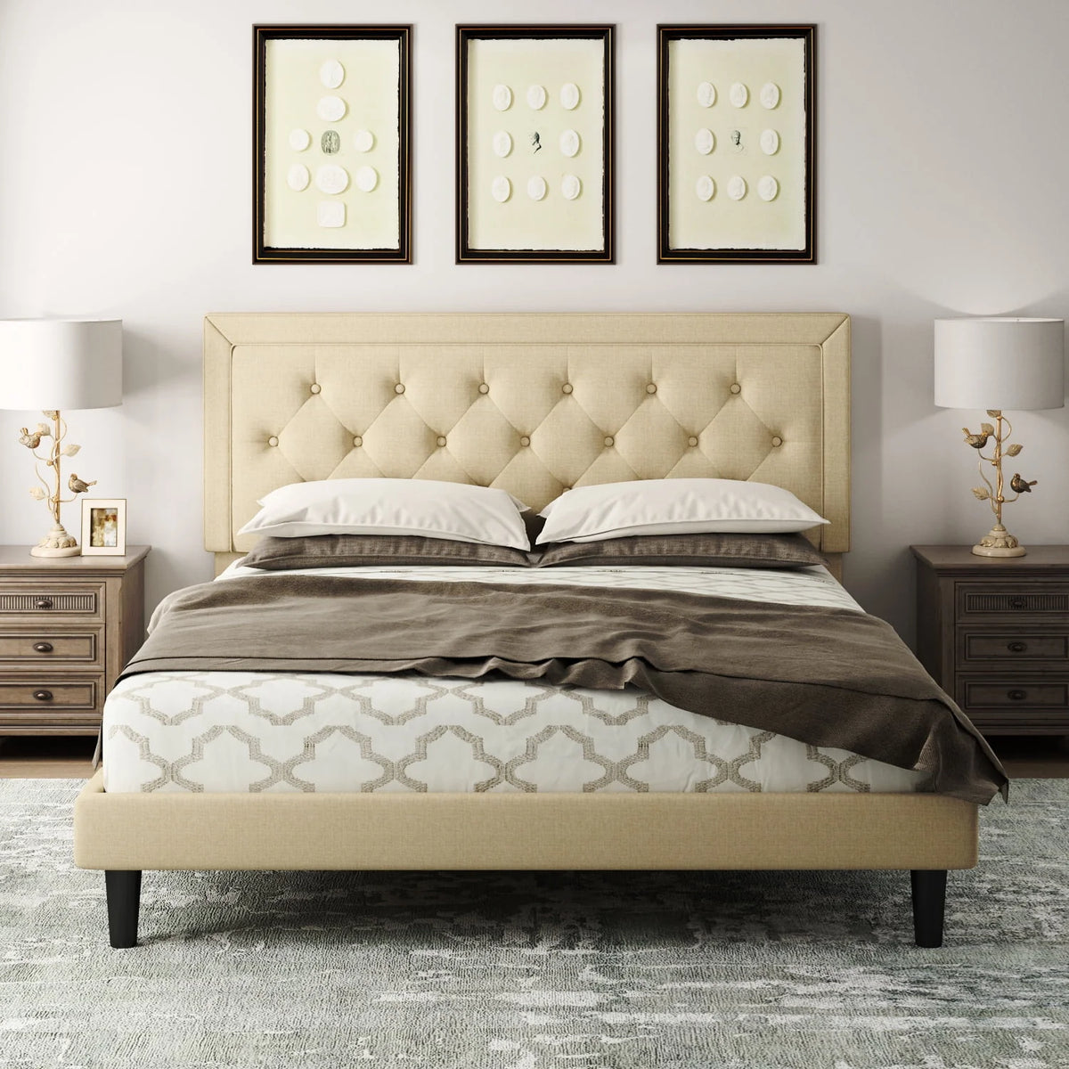 Queen Size Dark Grey Upholstered Platform Bed Frame M3466