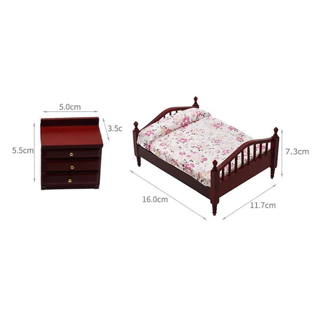 1/12 Scale Miniature Dollhouse Furniture Bed Night Table Brown Set H749