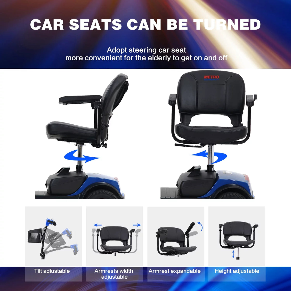 Blue 4 Wheels Folding Mobility Scooter with USB Charging Port V7625