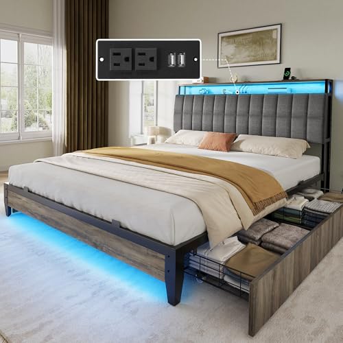 Queen Size Upholstered Platform Bed Frame with 4 Drawers and Storage Headboard G206875