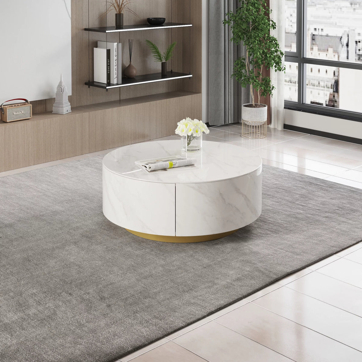 White Round Coffee Table with Two Drawers S24585
