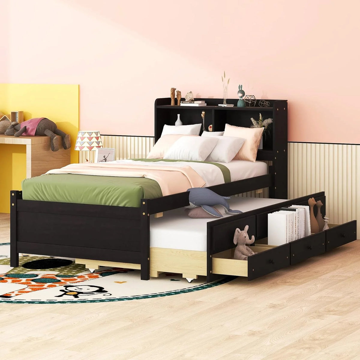 Espresso Wood Bed Frame with Bookcase Headboard and USB Ports L21863