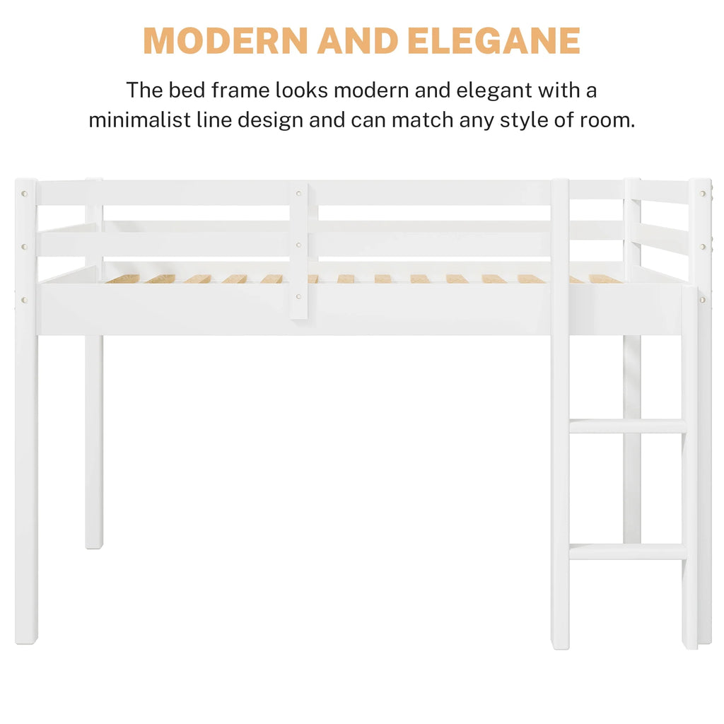 White Twin Size Solid Wood Loft Bed with 14 Wooden Slats I34135