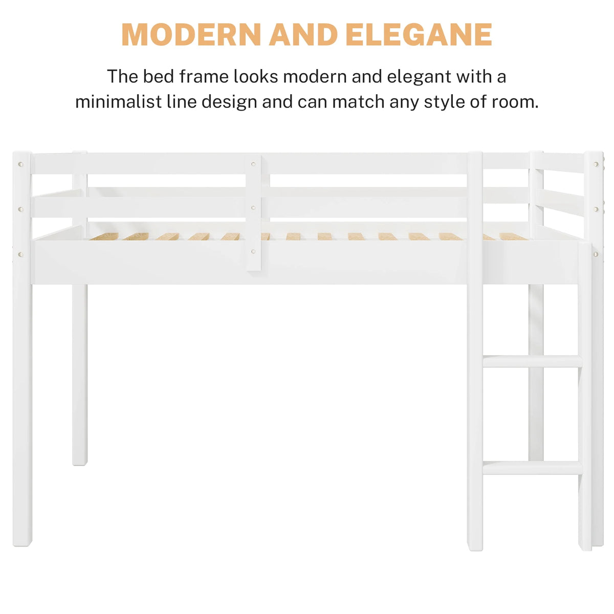 White Twin Size Solid Wood Loft Bed with 14 Wooden Slats I34135
