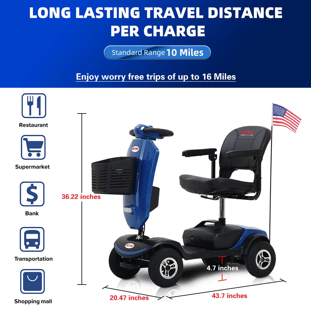Blue 4 Wheels Folding Mobility Scooter with USB Charging Port V7625