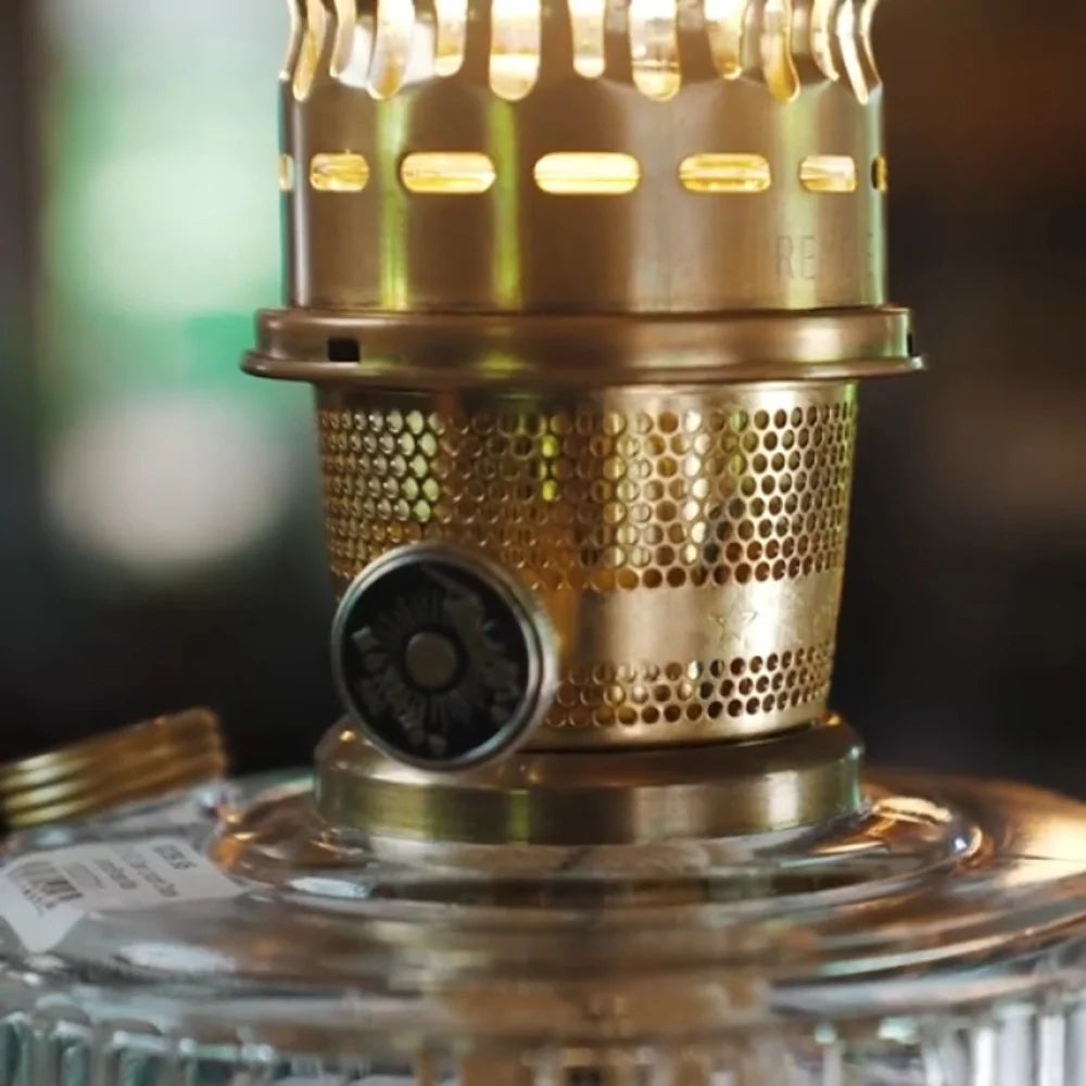 Brass Table Oil Lamp with Blue Shade C54597