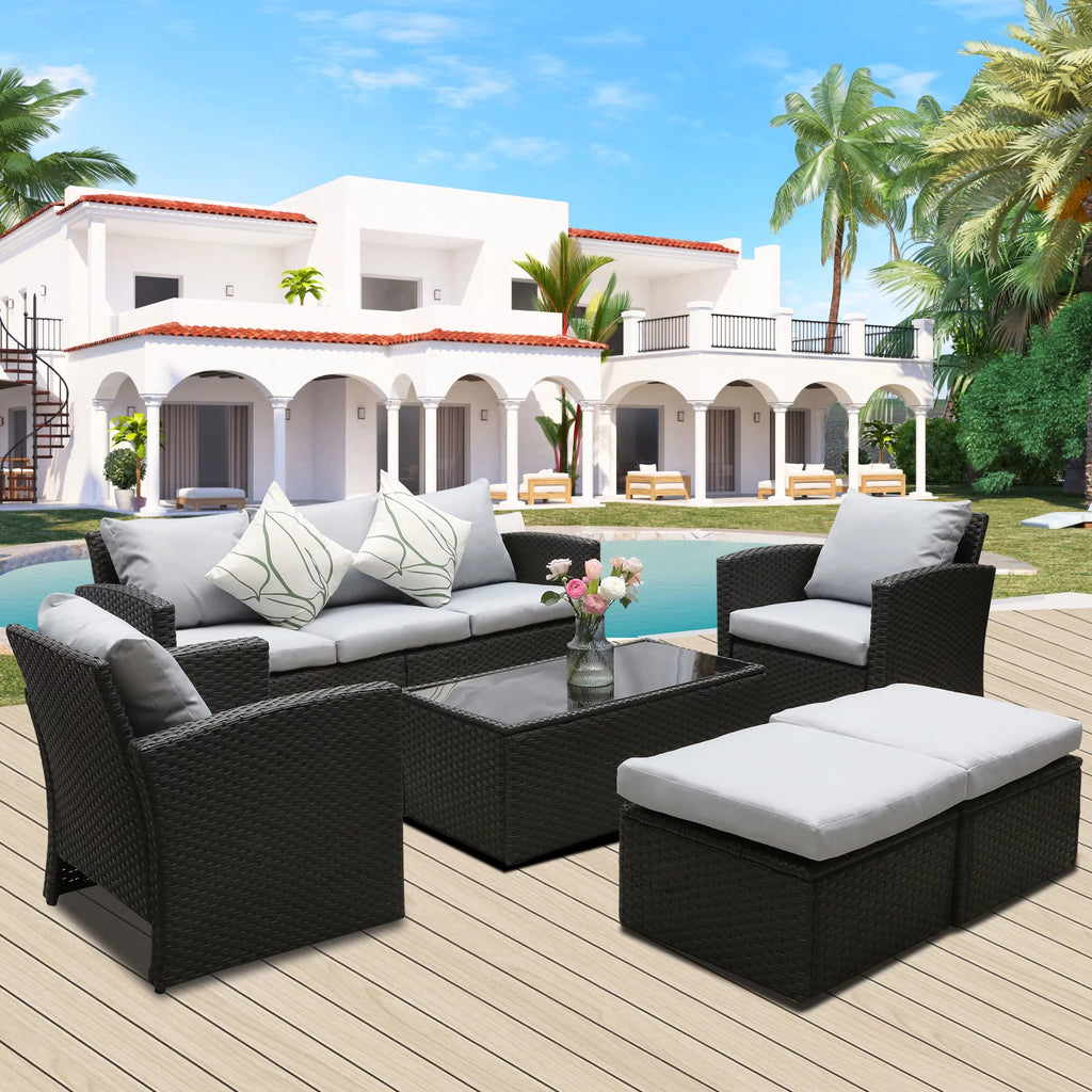 8 Pcs Wicker Patio Furniture Set with Coffee Table and Ottomans O922975